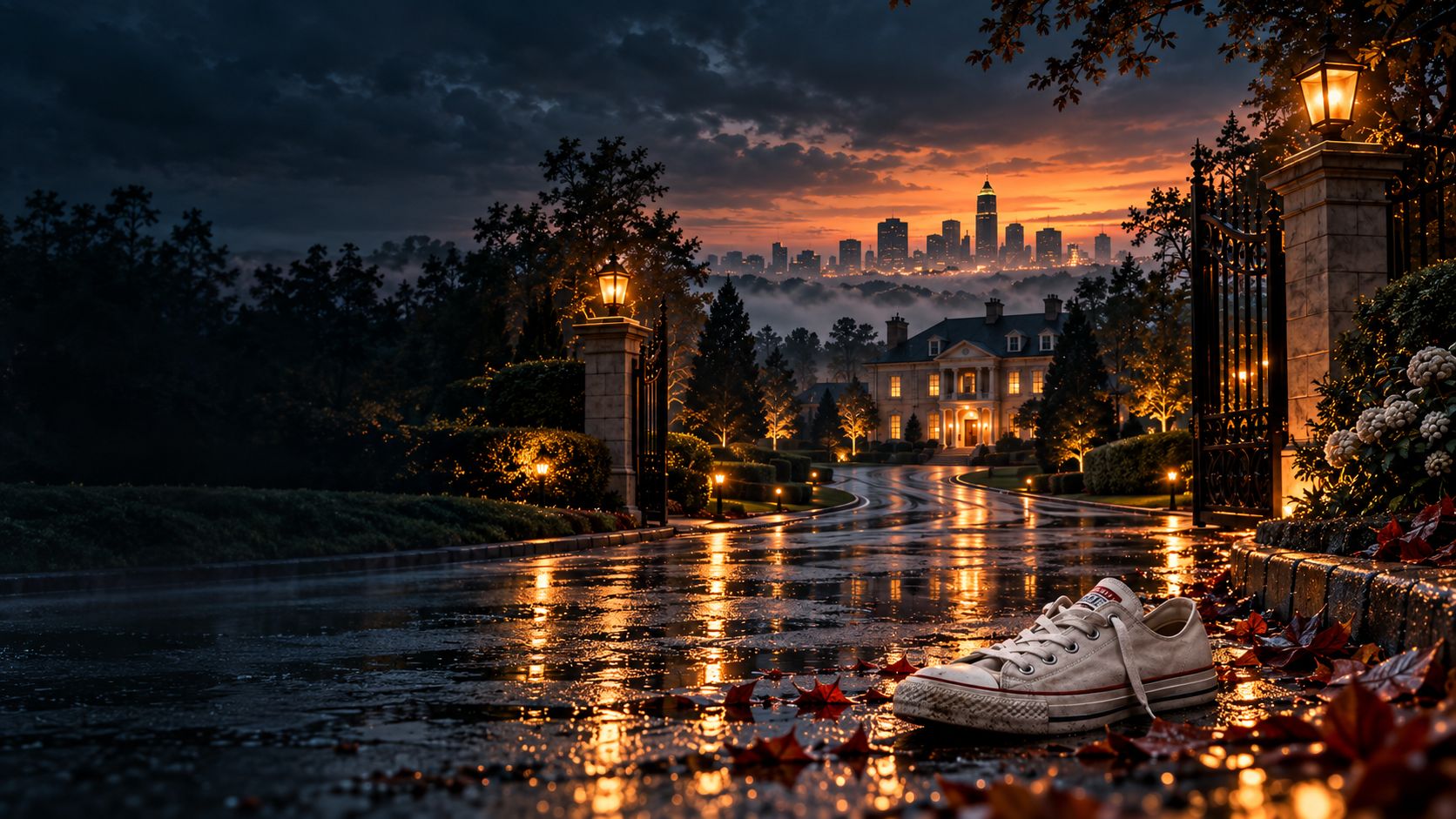 A single white sneaker abandoned on wet pavement outside a lit mansion gate at sunset